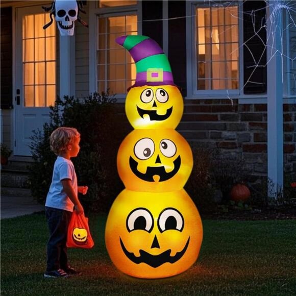 Halloween Inflatables Stacked Pumpkins with Witch Hat, 5 Ft Blow up - Picture 1 of 7